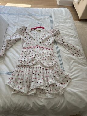 LoveShackFancy White Mini Dress with Pink & Green Embroidery